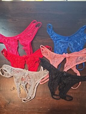 6-Pack Floral Lace Crotchless Panties - Size Small